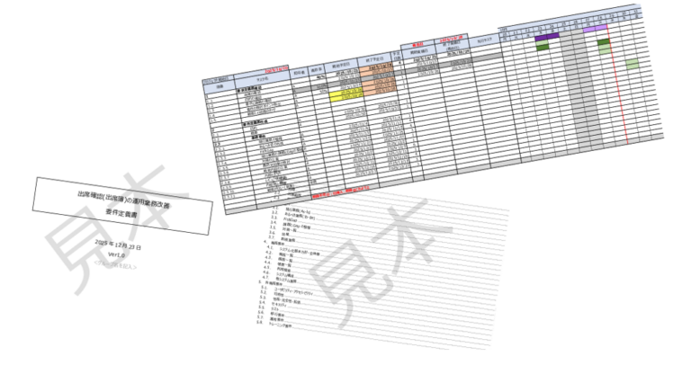 授業で作成した要件定義書とスケジュール表の見本