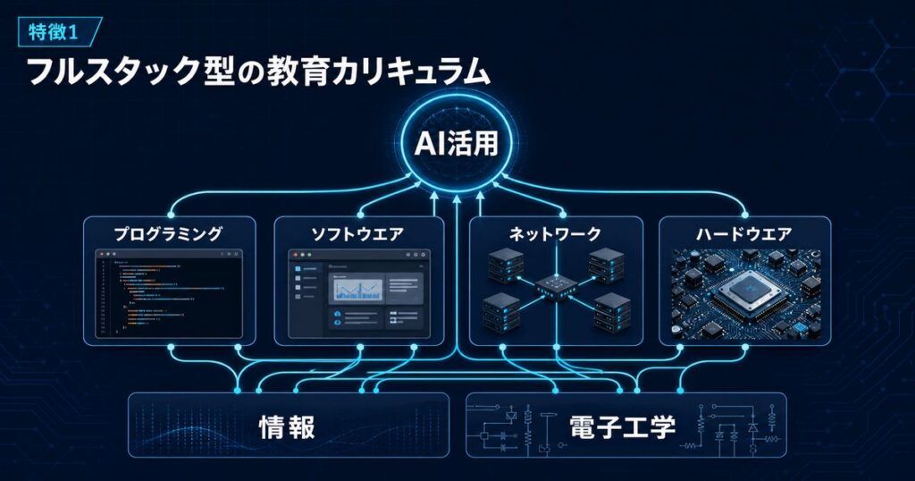 フルスタック型の教育カリキュラムの図。情報と電子工学を基礎に、プログラミング・ソフトウエア・ネットワーク・ハードウエアを学び、AI活用につなげる